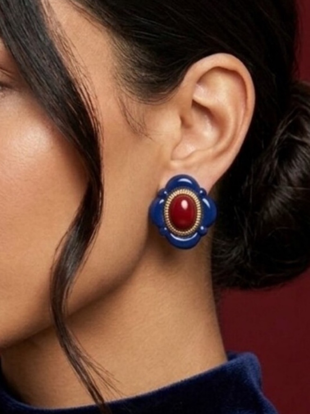 Avon Vtg. Navy Blue and Red Gold-Accent Oval Stud Earrings